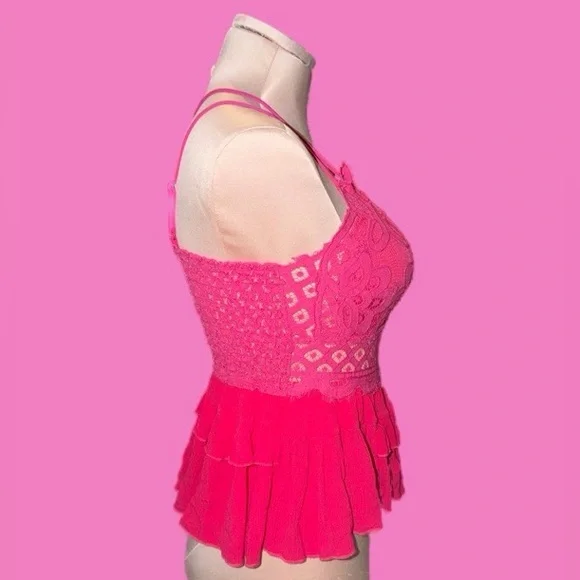 Adorable Y2K Summery Hot Pink Lace Babydoll Cami Top - Picture 4 of 6